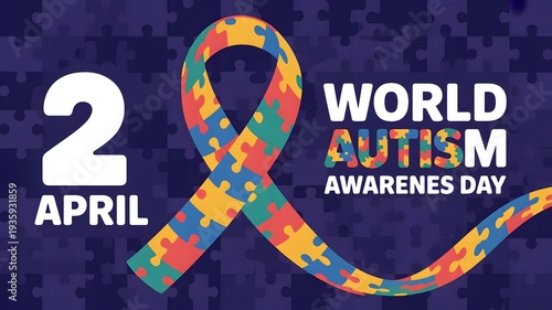 April 2 World Autism Awareness Day banner with purple ribbon and puzzle pattern encouraging compassion advocacy and community support