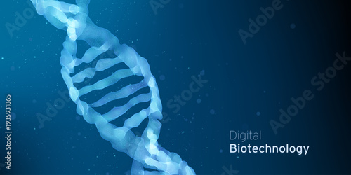 Abstract blue DNA molecule, double helix Technology illustration. Gene digital biotechnology futuristic concept. Biology genetic research backdrop.