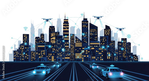 Futuristic Smart City with Autonomous Vehicles and Drones, Illustrating Advanced Urban Technology and Connectivity