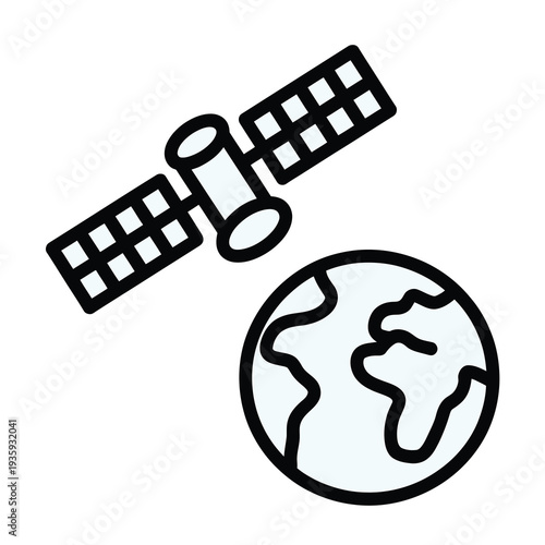 Vector of a satellite orbiting earth with solar panels and antenna