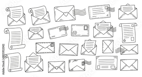 Collection of Hand Drawn Envelopes and Letters.