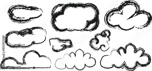A collection of hand-drawn cloud shapes in black and white, creating a sketchy and artistic illustration, ideal for design and creative projects.