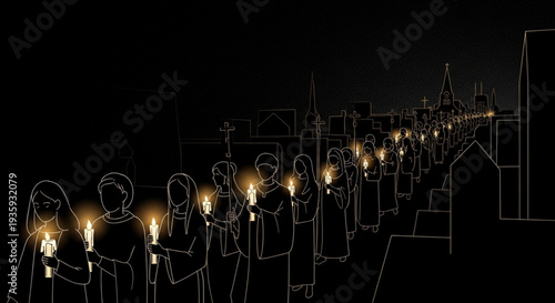 Silhouette of a crowd holding lit candles on a transparent background at night