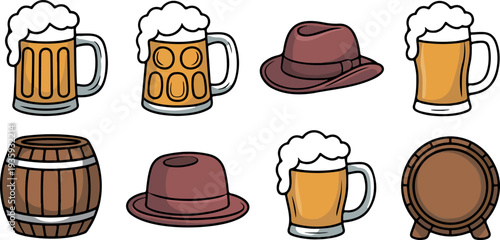 Set of beer mugs, hats, and barrels on transparent background, traditional festive vector collection