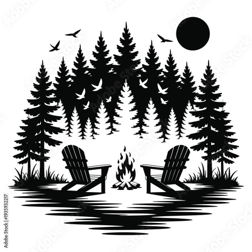 Silhouette of Adirondack chairs by campfire in pine forest with birds and moon