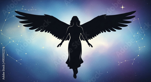 Angel silhouette with outstretched wings against a starry night sky on transparent background