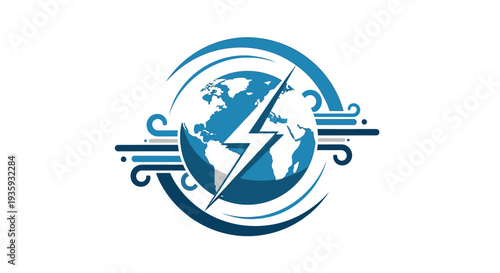 Dynamic Global Weather and Energy Logo with Earth, Lightning Bolt, and Wind Swirls on Isolated White Background