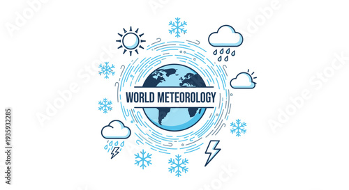 World Meteorology Day Concept Logo with Globe and Various Weather Icons on Isolated White Background