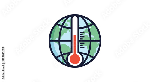 Global Warming and Climate Change Icon with Thermometer Inside Globe, Isolated White Background