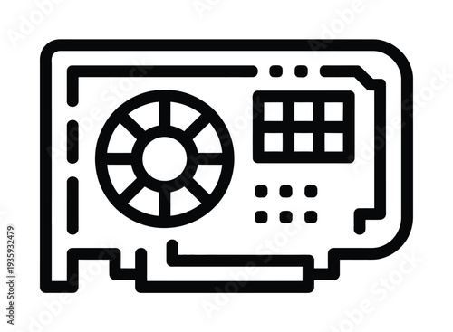 Vector of a computer graphics card featuring a cooling fan and connectors