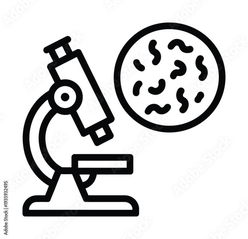 Vector of a microscope examining a petri dish containing bacteria or cells under magnification