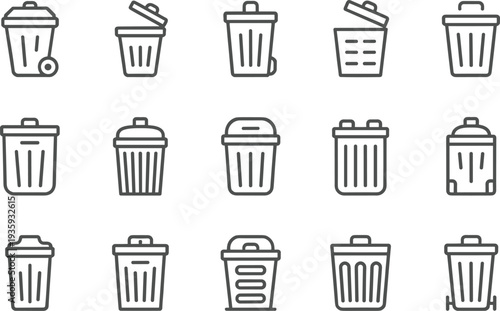 Trash can line icons set, garbage bin waste collection outline vector illustration isolated on white background recycling concept