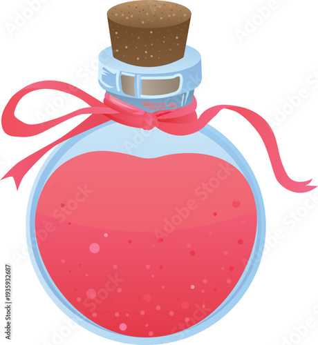 A glass bottle with pink liquid with bubbles closed with a cork