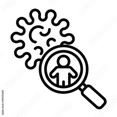 Magnifying glass highlights a vector of a human figure inside it with a virus cell in the background