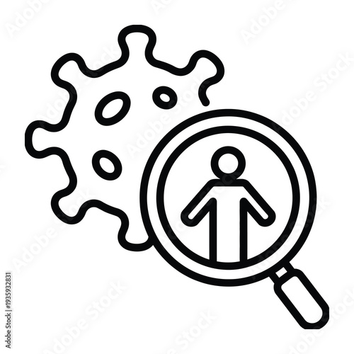 Vector icon of a magnifying glass examining a virus with a human figure inside