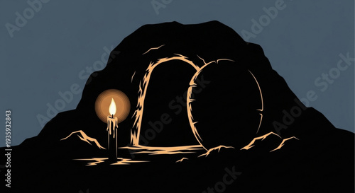Easter tomb silhouette with candlelight glowing in darkness on transparent background