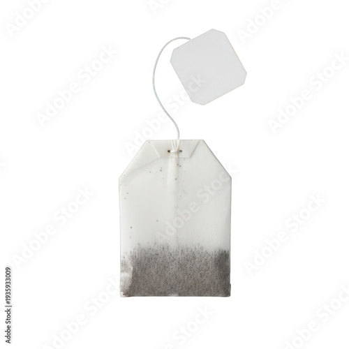 Tea bag with string and empty tag isolated on transparent background