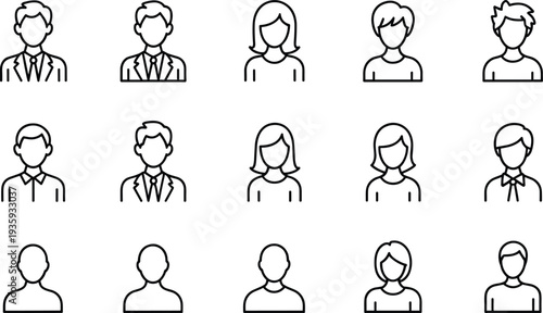 User avatar line icons set, business profile people collection, outline male female character vector illustration isolated on white