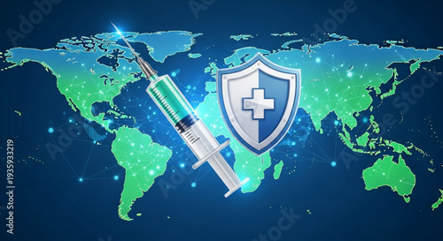 Global health protection concept with syringe and shield on world map background
