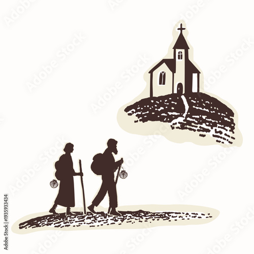 Hand drawn village church landscape scene with christian pilgrimage grou-. Black and white isolated vector motif for chapel, shrine Christian pilgrims way man and woman symbol. European camino travel