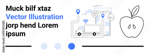 Delivery truck, GPS pins, wireless signal, and devices highlight logistics, IoT, and communication. Ideal for transport, e-commerce, tech innovation connectivity delivery service simple landing