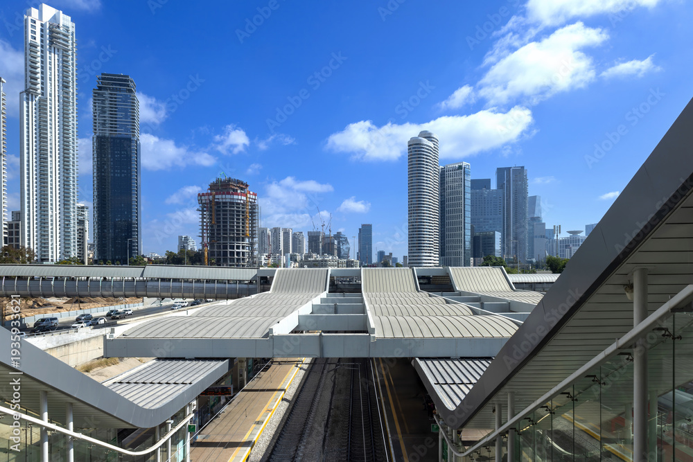 Fototapeta premium Israel, Tel Aviv financial business district skyline with shopping malls and high tech offices