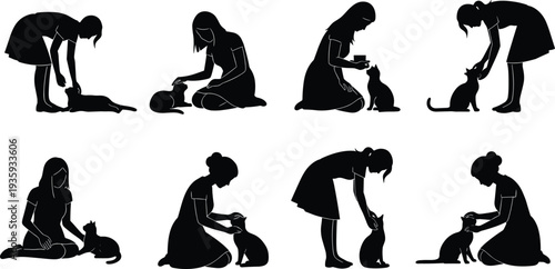 Woman caring for cat silhouette set pet owner feeding grooming veterinary care animal love vector illustration collection