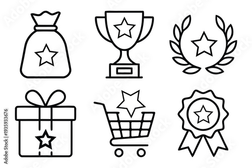 Award and achievement icons: money bag, trophy, laurel wreath, gift box, shopping cart