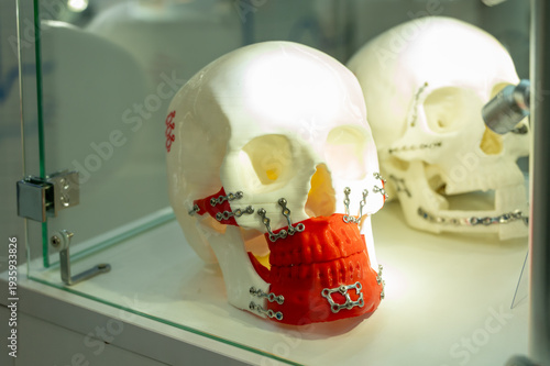 Human Skull Model for Maxillofacial Surgery Reconstruction with 3D Printed Red Jaw and Metal Plates