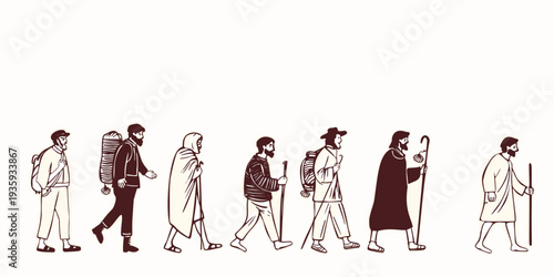 Male pilgrim figures group walking on pilgrimage road. Hand drawn isolated vector icon for Santiago de Compostela travel banner. Catholic pilgrimage concept Apostle james to modern man. St James way