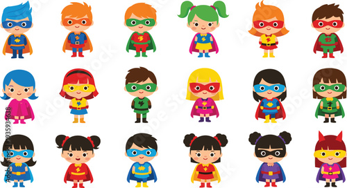 Collection of diverse cute little superhero kids in colorful costumes with masks and capes for children party invitation and mascot design.