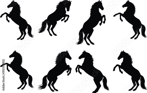 Eight dynamic black horse silhouettes captured in a powerful rearing stance, symbolizing untamed spirit and grace, isolated on a pristine white background for versatile design use.