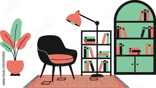 Flat vector illustration of a cozy modern reading nook with armchair, bookshelf, floor lamp, potted plant, and a decorative rug