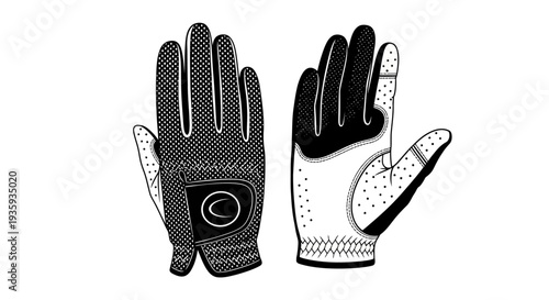 A pair of black and white golf gloves displayed against a white background