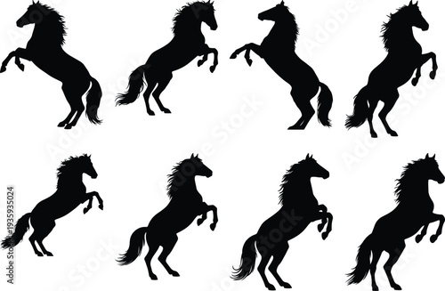 Detailed vector illustration featuring eight majestic black horse silhouettes rearing up, embodying raw power, beauty, and the untamed spirit of these magnificent animals.