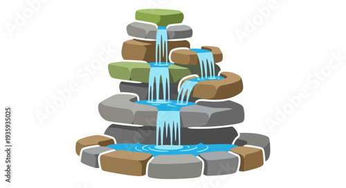 Cartoon illustration of a tiered stone water fountain with flowing water