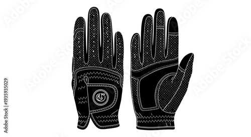 A pair of black and white golf gloves displayed with detailed texture