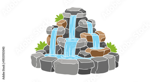 Cartoon illustration of a tiered stone waterfall with lush greenery