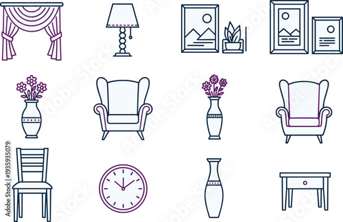 Set of Interior Design Home Decor Line Icons Including Furniture Curtains Lamps Wall Art Vases Flowers Clock Chair And Wood Table