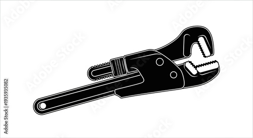 A black and white illustration of a large adjustable pipe wrench