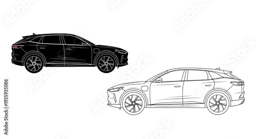 Line art depictions of a modern suv shown in both filled and outline styles
