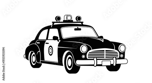 Black and white illustration of a vintage police car with a spotlight