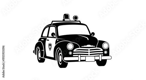Vintage police car illustration in black and white front view depicted