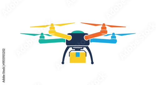 Colorful drone delivering a package viewed from directly above