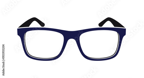 A front view of dark blue thick rimmed eyeglasses on a white background