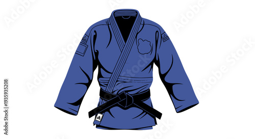 A blue judogi or judo uniform is displayed against a white background