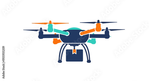 A colorful illustration depicts a drone carrying a package below it
