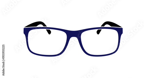 A frontal view of stylish dark blue framed eyeglasses on a white background