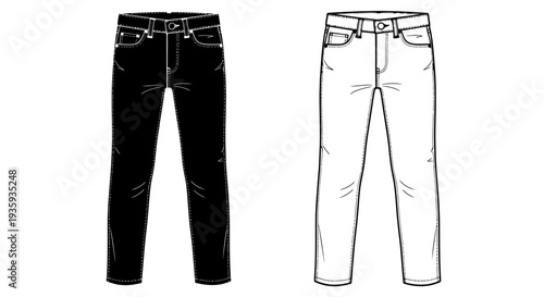 Two pairs of jeans one black one white in a line drawing style