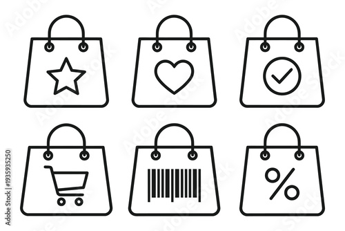 Shopping bag icons: star, heart, checkmark, shopping cart, barcode, percentage